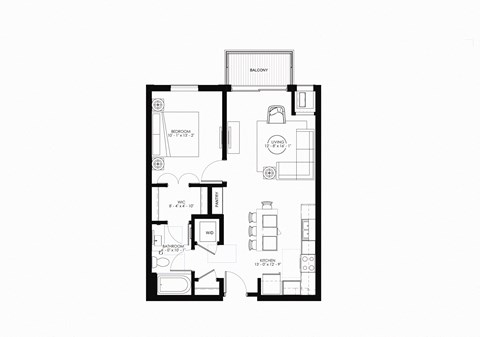 Floor plan for 1 bed, 1 bath, 728 sqft